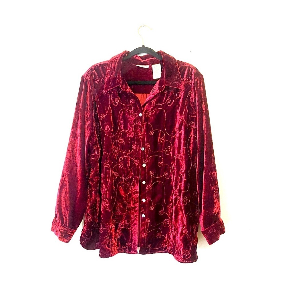White Stag Black Velvet Embroidered Top 18/20 W Burgundy Red Holiday 90’s